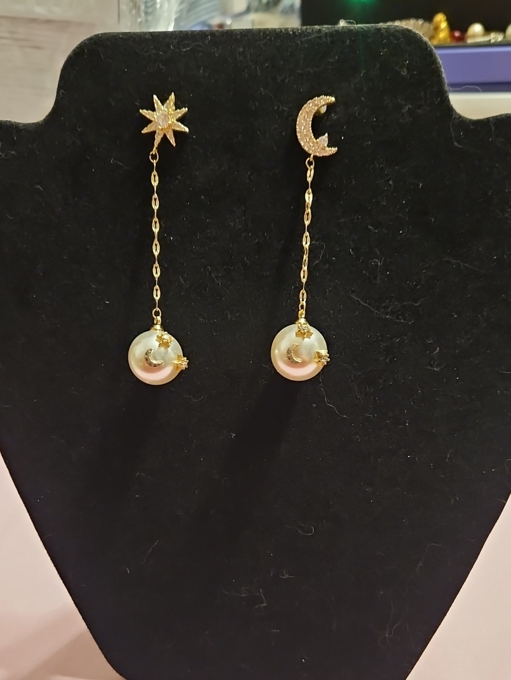 Gold-tone Mismatched Celestial Star & Moon Linear Pearl Drop Earrings